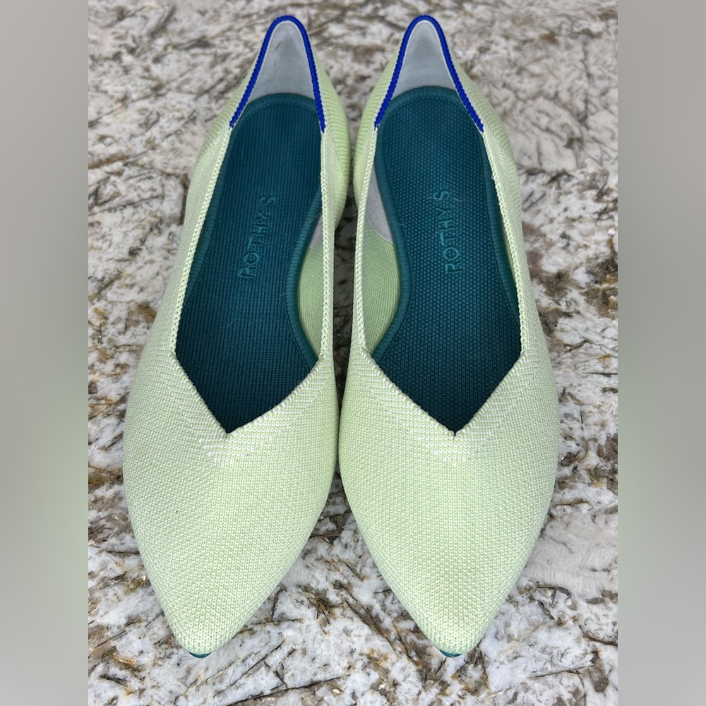 Rothy's Keylime Green Pointed Toe Flats with Blue Trim - Picture 4 of 6